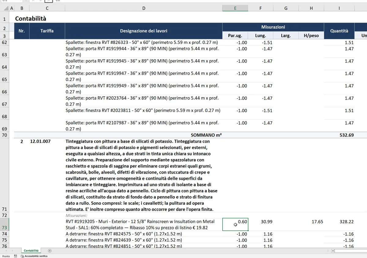 Contabilità del SAL1 esportata in Excel