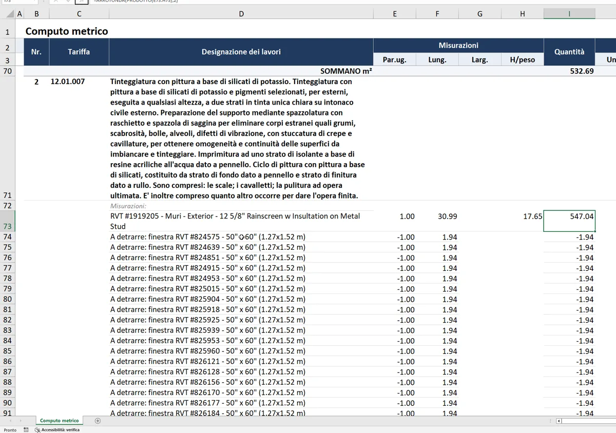 Computo metrico esportato in Excel con le righe A detrarre